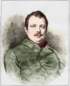 Portrait of Honore Balzac in 1830, French writer. Engraving by Eugene Chiquet
