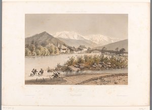 View of Saint-Martin-sur-Arve and Mont Blanc (St. Martin et le Mont-Blanc, Views in Switzerland, Savoy, and Tyrol, La Suisse, la Savoie et le Tyrol) by Eugene Ciceri
