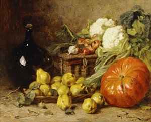 A Still Life with a Wine Flagon, a Basket, Pears, Onions, Cauliflowers, Cabbages, Garlic and a Pumpkin