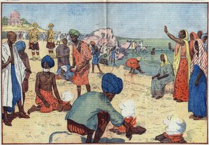 Civil Disobedience Week in India against the British Empire: On Bombay Beach, Gandhi and his supporters boil sea water to obtain salt in violation of the Gabelle Law. Women encourage them by repeating this chorus: “Break, break the law of salt,