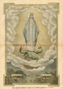 Illustration of Eugene Damblans in Le Pelerin, 04/12/04 - Mary immaculee appears to the world and brings salvation to it - Religion Faith, Catholic Catholicism - Immaculee conception - Mary, Dragon - Clouds - Earth