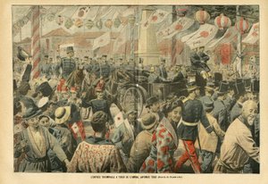 Illustration of Eugene Damblans in Le Pelerin, 05/11/05 - The triumphal entrance to Tokio of the Japanese Admiral Togo - Armee, Japan, Crowd, Tokyo - Admiral Admirals, Togo Heihachiro, Civilians by Eugene Damblans
