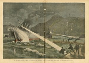 Illustration of Eugene Damblans in Le Pelerin, 21/02/04 - Japanese torpedo attack Russian ships before the declaration of war - Russia, Japan, Maritime Marine Seaside, Port Arthur, Russian-Japanese War, Warships by Eugene Damblans