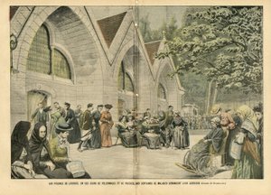 Illustration of Eugene Damblans (1865-1945) in Le Pelerin, 28/08/04 - At the pools of Lourdes, in these days of pilgrimages and prayers, hundreds of patients are asking for their war by Eugene Damblans