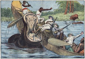 On Lake Victoria, Africa, a boat occupied by Anglican missionaries and indigenous people is capsized by a wounded hippo. Illustration of Damblans. In “Le Pelerin” of May 16 by Eugene Damblans