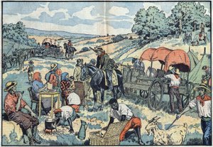 Population migration in Africa: 2000 Boers leave the Portuguese colony of Angola by carriage to the more fertile regions of South Africa. Illustration of Damblans in Le Pelerin of September 30 by Eugene Damblans