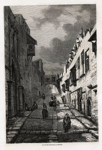 The rue des chevaliers, in Rhodes, drawing by Eugene Flandin, to illustrate his journey to the island of Rhodes in 1844. Engraving in Le tour du monde, edited by Edouard Charton by Eugene Flandin