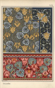 Cyclamen persicum plant as motif in designs for tapestry, fabric and wallpaper