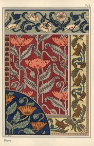 The Poppy, Papaver somniferum, in Stained Glass, Wallpaper, Fabric and Tile Patterns. Lithograph by Marc Mangin