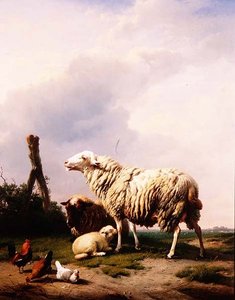Sheep and Poultry in a Landscape by Eugene Joseph Verboeckhoven
