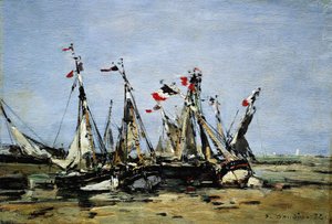 Trouville, waiting for the tide, fishing boats on the beach, decorated with French flags, commemorating the French Revolution of 1789 by Eugene Louis Boudin
