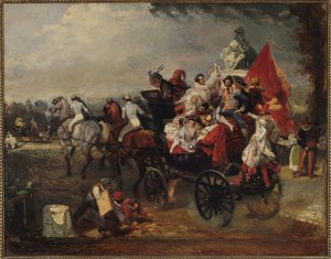 Carriage with Men and Women in Costume on the Champs-Elysees, 1834