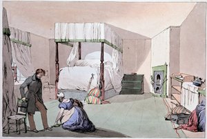 Hostel: a servant helping a customer to put on shoes. Illustration by Eugene Louis Lami (1800-1890), mid-19th century
