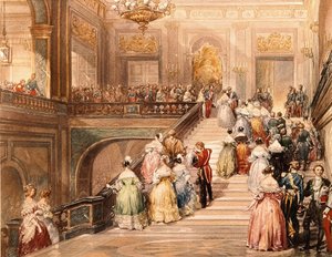 King Louis Philippe I (1773 - 1850) and Queen Marie Amélie de Bourbon (1782 - 1866) received the guests on the occasion of the inauguration of the Museum of Versailles in 1837. Illustration by Eugène Lami (1800 - 1890)
