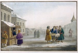 Tobacco vendor in front of a tobacco shop in Russia