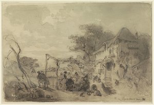 Company on terrace in front of an inn along a road by Eugène François de Block