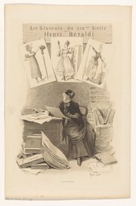Woman looking at prints behind a desk by Eugène Gaujean