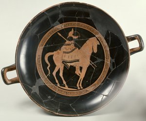 Attic red-figure cup depicting a rider on horseback