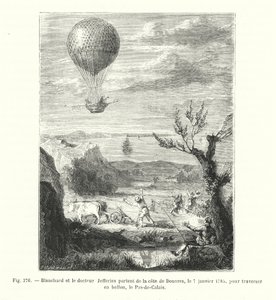 Blanchard and Dr. Jefferies Depart from the Coast of Dover on January 7, 1785, to Cross the English Channel by Balloon (engraving)