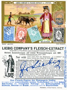 Bulgarian postage stamps, front and verso of a Liebig promotional card, 1897 by European School