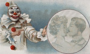 Clown watching a couple kissing