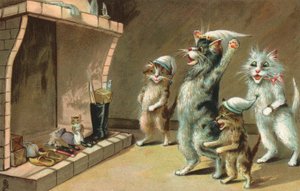 Comic cats, waiting for their Christmas Presents by European School