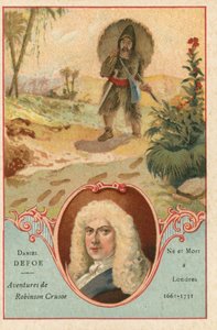 Daniel Defoe, English Novelist, and a Scene from Robinson Crusoe