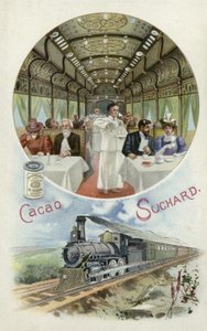 Drinking Suchard cocoa in the dining car of a train by European School