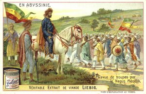 Emperor Menelik II of Ethiopia reviewing troops by European School