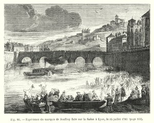 Experiment by Marquis de Jouffroy on the Saone in Lyon, July 15, 1783 (engraving)