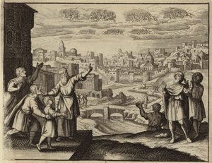 Golden-clad cavalry in the air over Jerusalem by European School