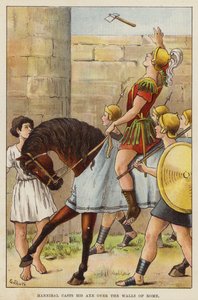 Hannibal casting his axe over the walls of Rome by European School