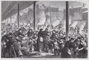 Hungry Parisians begging for food from German soldiers camped on the market square of St Denis after the end of the Siege of Paris, Franco-Prussian War by European School
