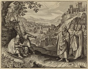 Jesus Christ restoring the sight of a blind beggar by European School