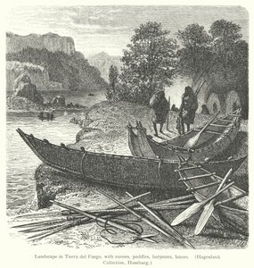 Landscape in Tierra del Fuego, with canoes, paddles, harpoons, lances by European School