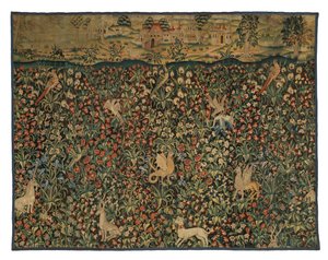 Mille fleurs tapestry fragment depicting animals, birds and landscape, c.1500 by European School