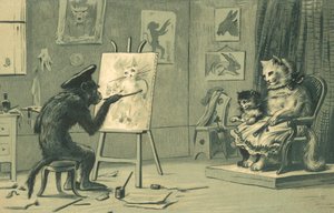 Monkey Painting a Portrait of a Cat and a Kitten