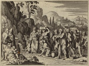 Moses striking the rock with his staff to bring forth water