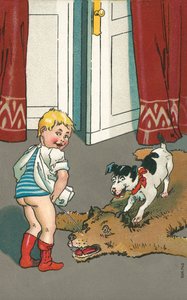 Naughty Boy Urinating onto a Bearskin Rug by European School