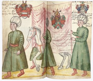 Pages from the Album Amicorum of Julius Pflug, including Turkish costume and coats of arms, 1600-13