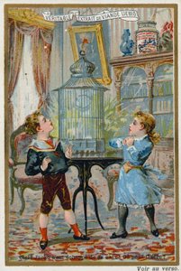 Two children wondering where their pet caged bird has escaped to