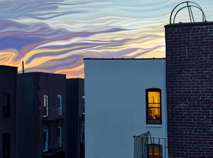 Apartment Buildings and Glowing Windows with Dramatic Sky and Clouds at Dusk on Summer Twilight by Evan Sklar