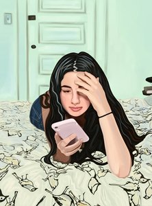 Girl On Bed Looking At Smart Phone by Evan Sklar
