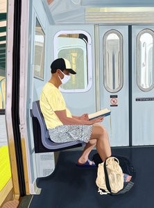 Man in Striped Shorts Reading Book on Subway, c.2020-24