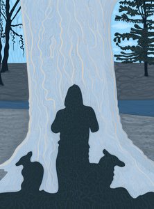 Shadow of Man and Dogs on Large Tree Trunk, Brooklyn by Evan Sklar