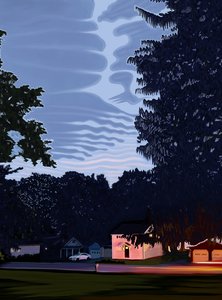 Street and Houses with Large Trees in Hamilton, New York at Dusk