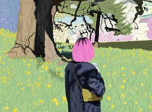 Woman with Pink Hair and Field of Daffodils