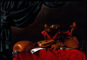 Still life with musical instruments and a pear. Painting by Evarista Baschenis. 17th century. Bergamo, Accademia Carrara, Italy