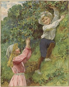 A young girl and a young boy picking blackberries by Eveline Lance