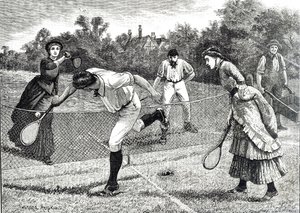 A friendly doubles tennis match